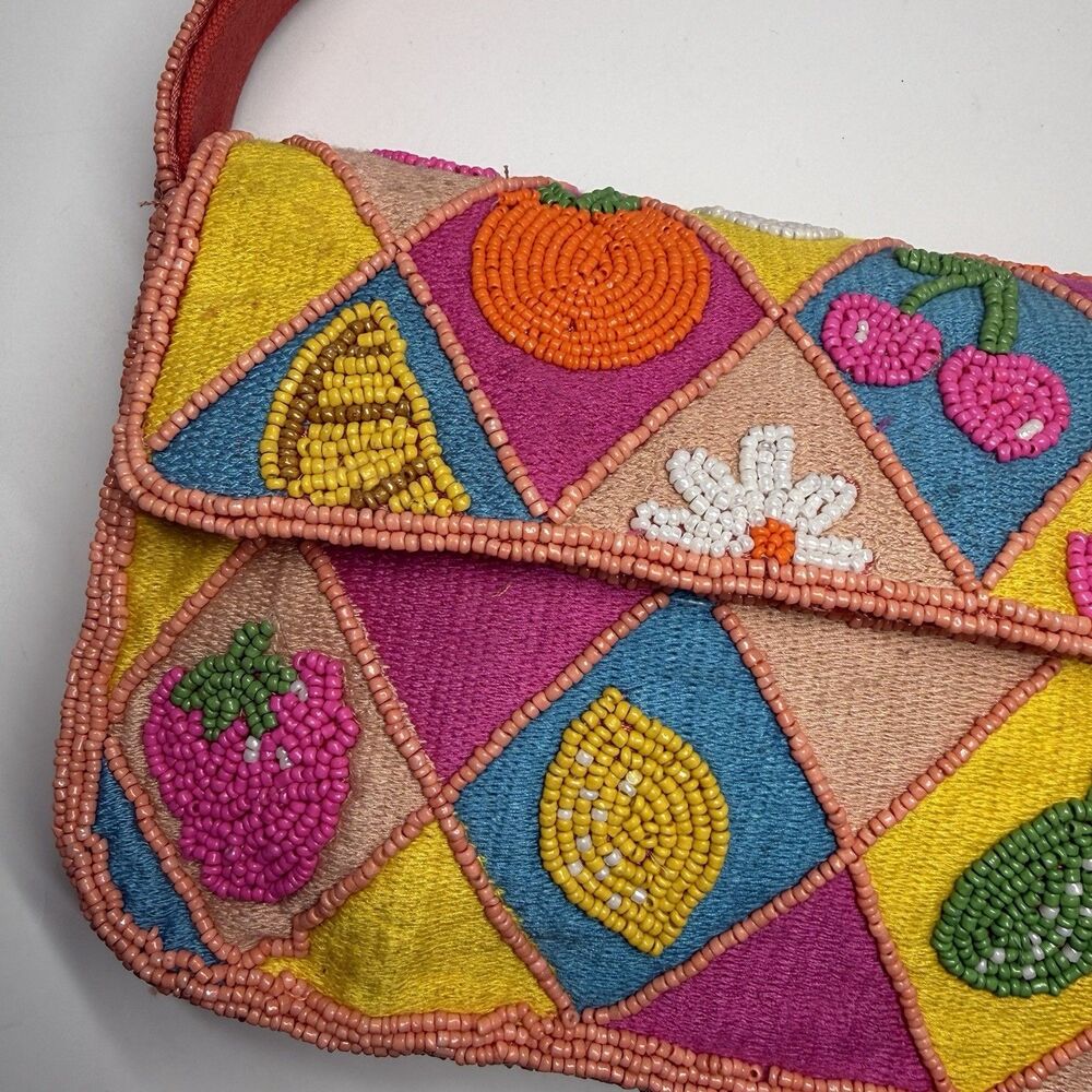 American & Beyond Viral Bright Fruit & Flower Patchwork Beaded Shoulder Bag New - Picture 3 of 9